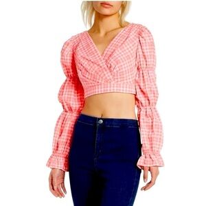 NWT Topshop neon pink gingham plaid puff sleeve crop top with tie back